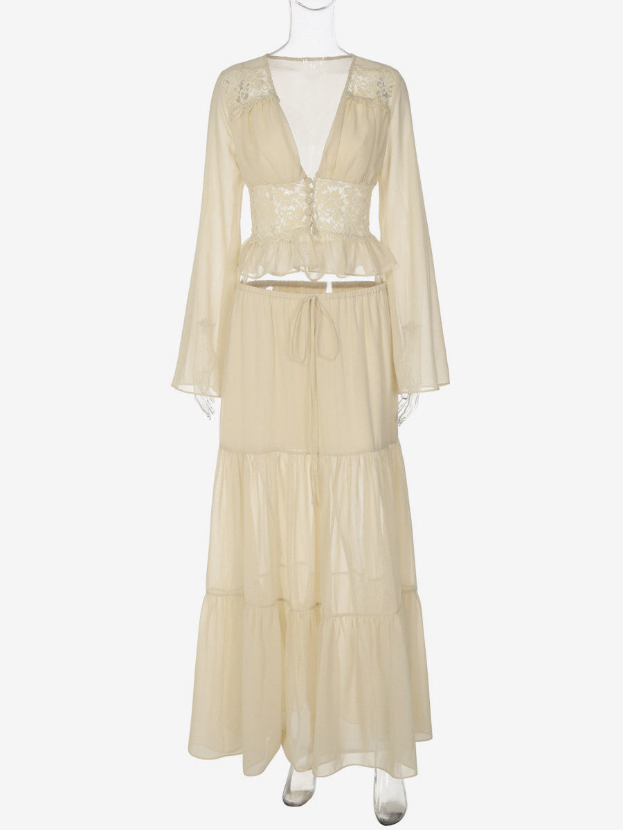 Two Piece Sets Skirt Set Maxi Dresses Apricot Resort Wear Buttons Casual V-Neck Long Sleeves Sets