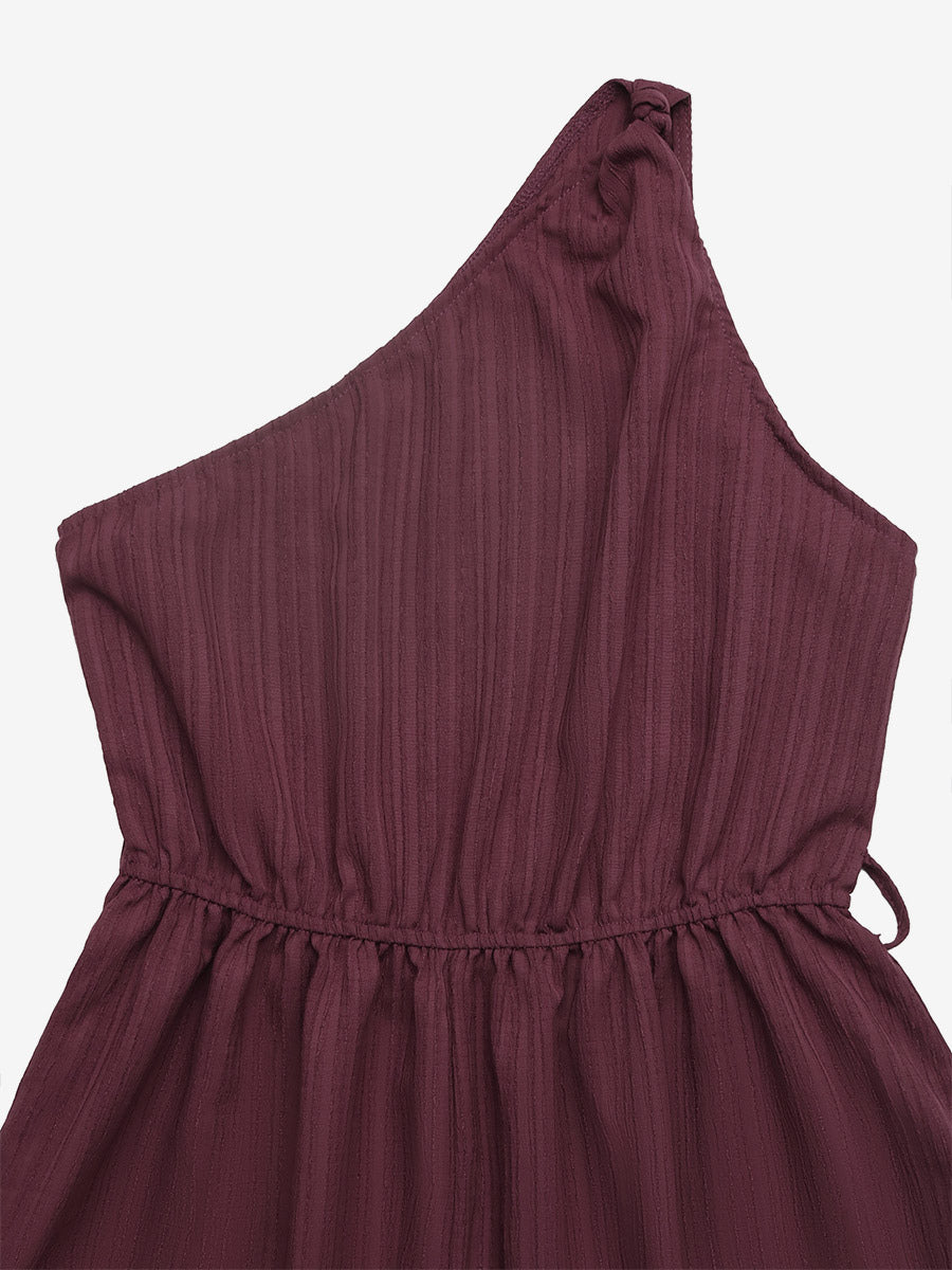 Women's Mauve One-Shoulder Belted Romper Textured Fabric Tie Waist Casual Summer Playsuit