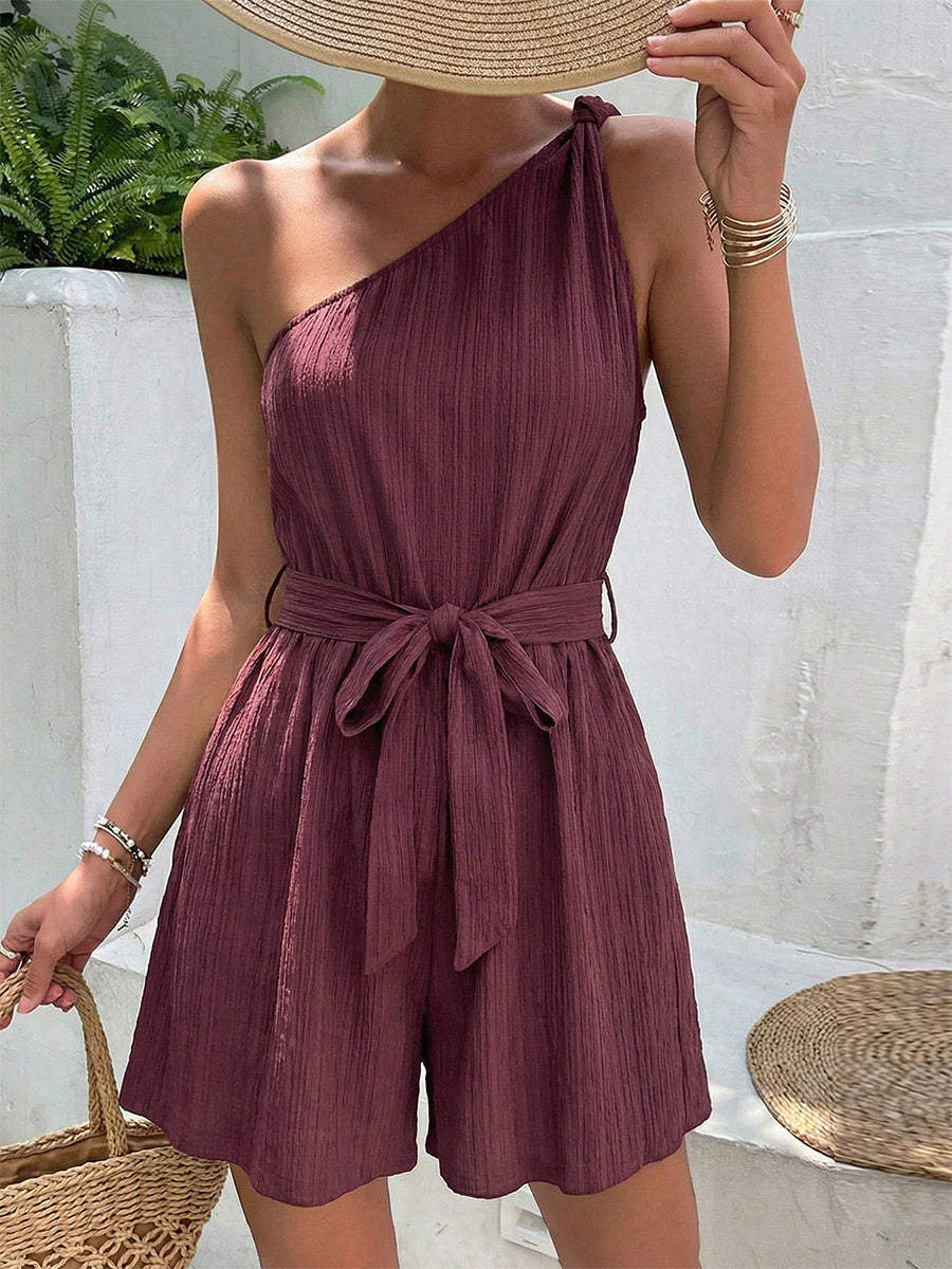 Women's Mauve One-Shoulder Belted Romper Textured Fabric Tie Waist Casual Summer Playsuit