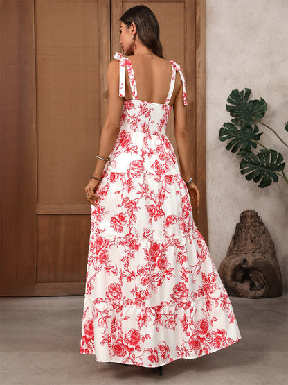 Women's White Red Floral Print Maxi Dress Square Neck Tie Strap Tiered Flowy Summer Beach Dress