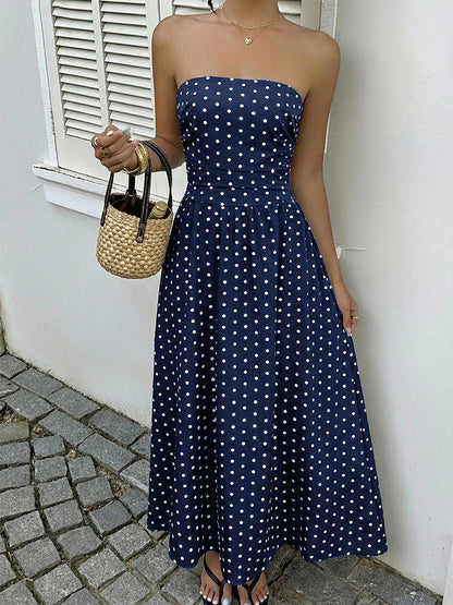 Women's Navy Blue White Polka Dot Strapless Maxi Dress High Waisted A Line Flowy Summer Dress