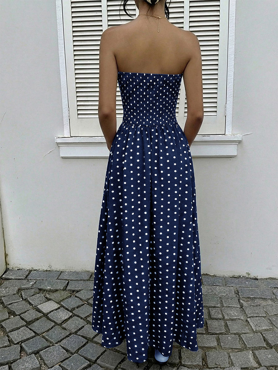 Women's Navy Blue White Polka Dot Strapless Maxi Dress High Waisted A Line Flowy Summer Dress