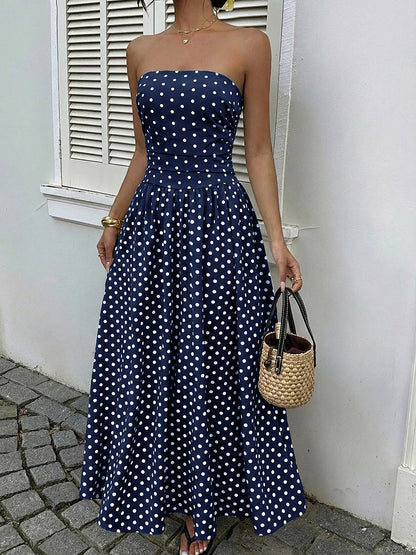Women's Navy Blue White Polka Dot Strapless Maxi Dress High Waisted A Line Flowy Summer Dress