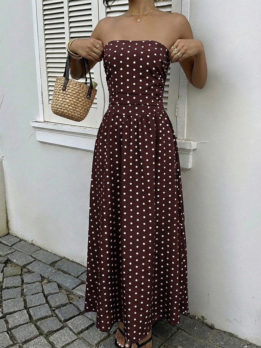 Women's Navy Blue White Polka Dot Strapless Maxi Dress High Waisted A Line Flowy Summer Dress
