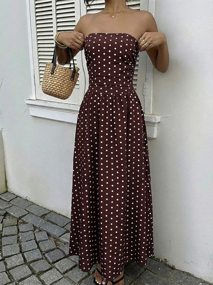 Women's Navy Blue White Polka Dot Strapless Maxi Dress High Waisted A Line Flowy Summer Dress