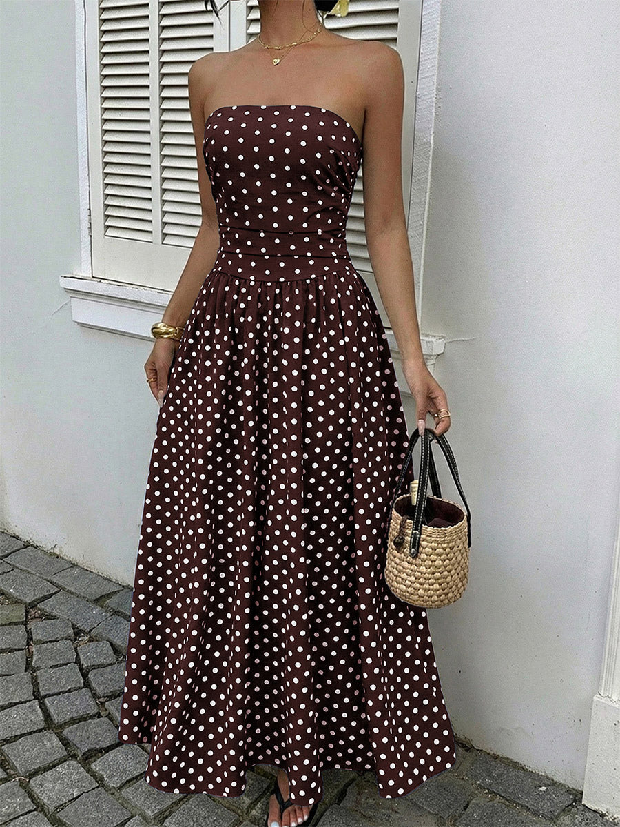 Women's Navy Blue White Polka Dot Strapless Maxi Dress High Waisted A Line Flowy Summer Dress