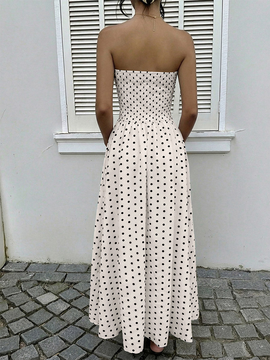 Women's Navy Blue White Polka Dot Strapless Maxi Dress High Waisted A Line Flowy Summer Dress