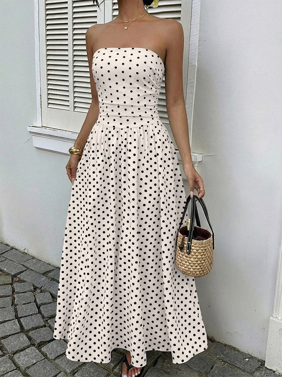Women's Navy Blue White Polka Dot Strapless Maxi Dress High Waisted A Line Flowy Summer Dress