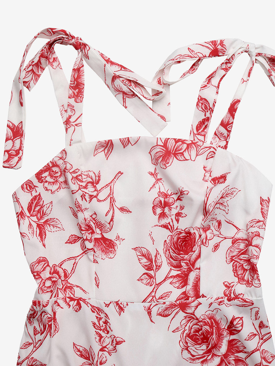 Women's White Red Floral Print Maxi Dress Square Neck Tie Strap Tiered Flowy Summer Beach Dress