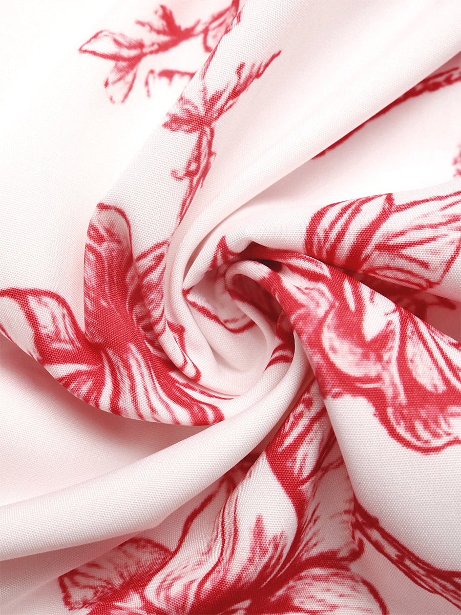 Women's White Red Floral Print Maxi Dress Square Neck Tie Strap Tiered Flowy Summer Beach Dress