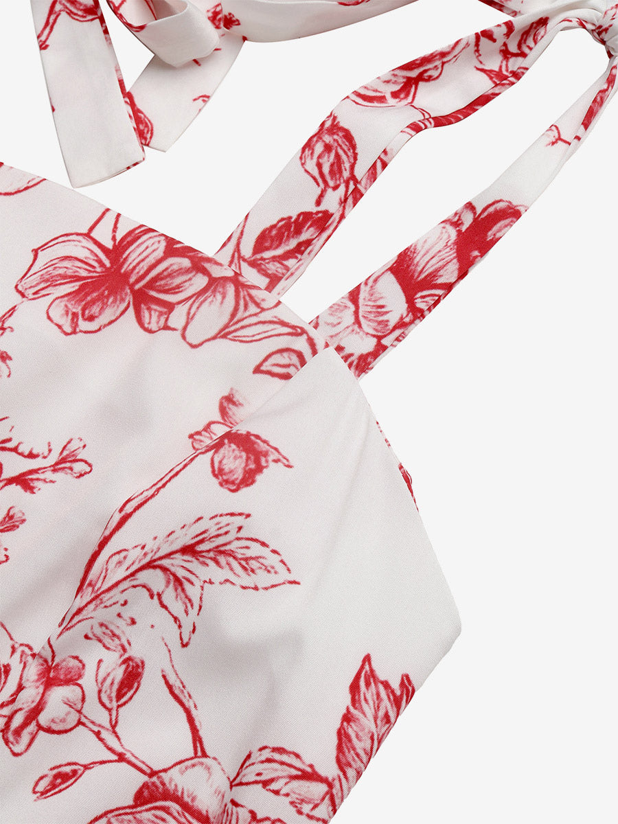 Women's White Red Floral Print Maxi Dress Square Neck Tie Strap Tiered Flowy Summer Beach Dress