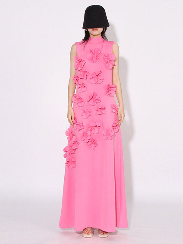 Pink Sleeveless Maxi Dress With 3D Floral Embellishments