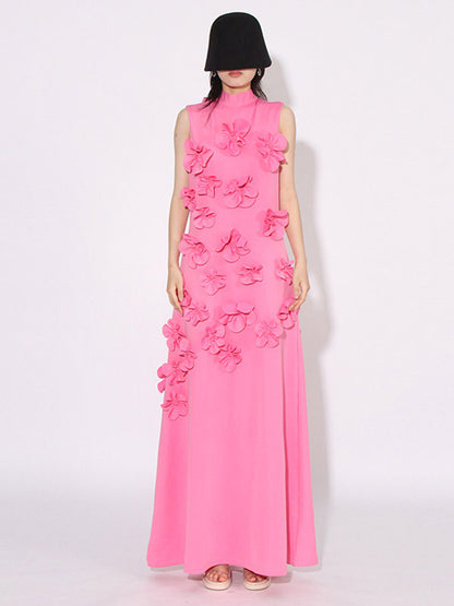 Pink Sleeveless Maxi Dress With 3D Floral Embellishments