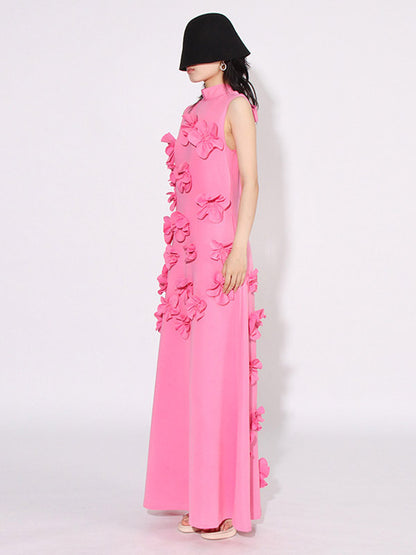 Pink Sleeveless Maxi Dress With 3D Floral Embellishments