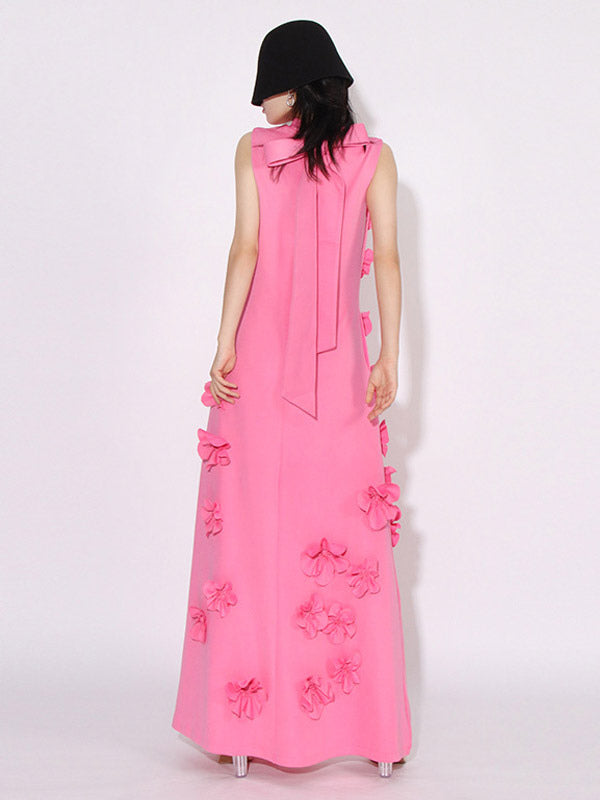 Pink Sleeveless Maxi Dress With 3D Floral Embellishments