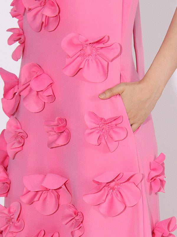 Pink Sleeveless Maxi Dress With 3D Floral Embellishments
