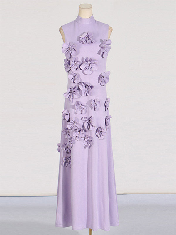 Pink Sleeveless Maxi Dress With 3D Floral Embellishments