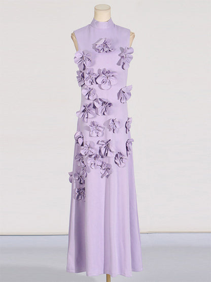 Pink Sleeveless Maxi Dress With 3D Floral Embellishments