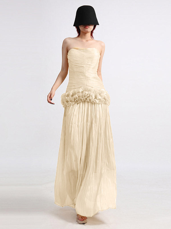 Lilac Strapless Ruched Waist Maxi Dresses For Women