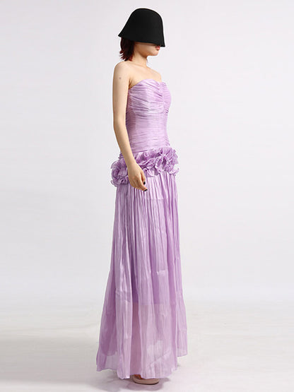 Lilac Strapless Ruched Waist Maxi Dresses For Women