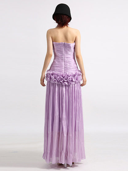 Lilac Strapless Ruched Waist Maxi Dresses For Women