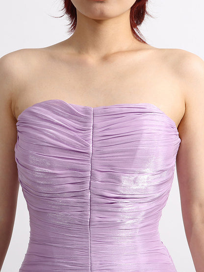 Lilac Strapless Ruched Waist Maxi Dresses For Women