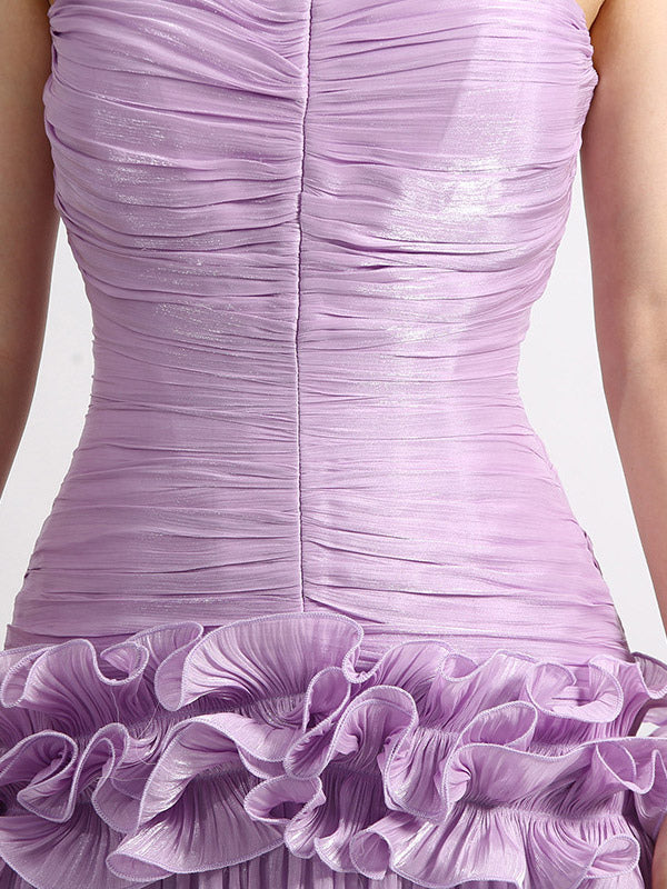 Lilac Strapless Ruched Waist Maxi Dresses For Women