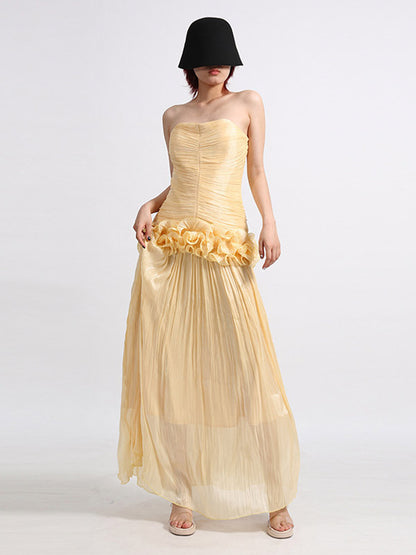Lilac Strapless Ruched Waist Maxi Dresses For Women