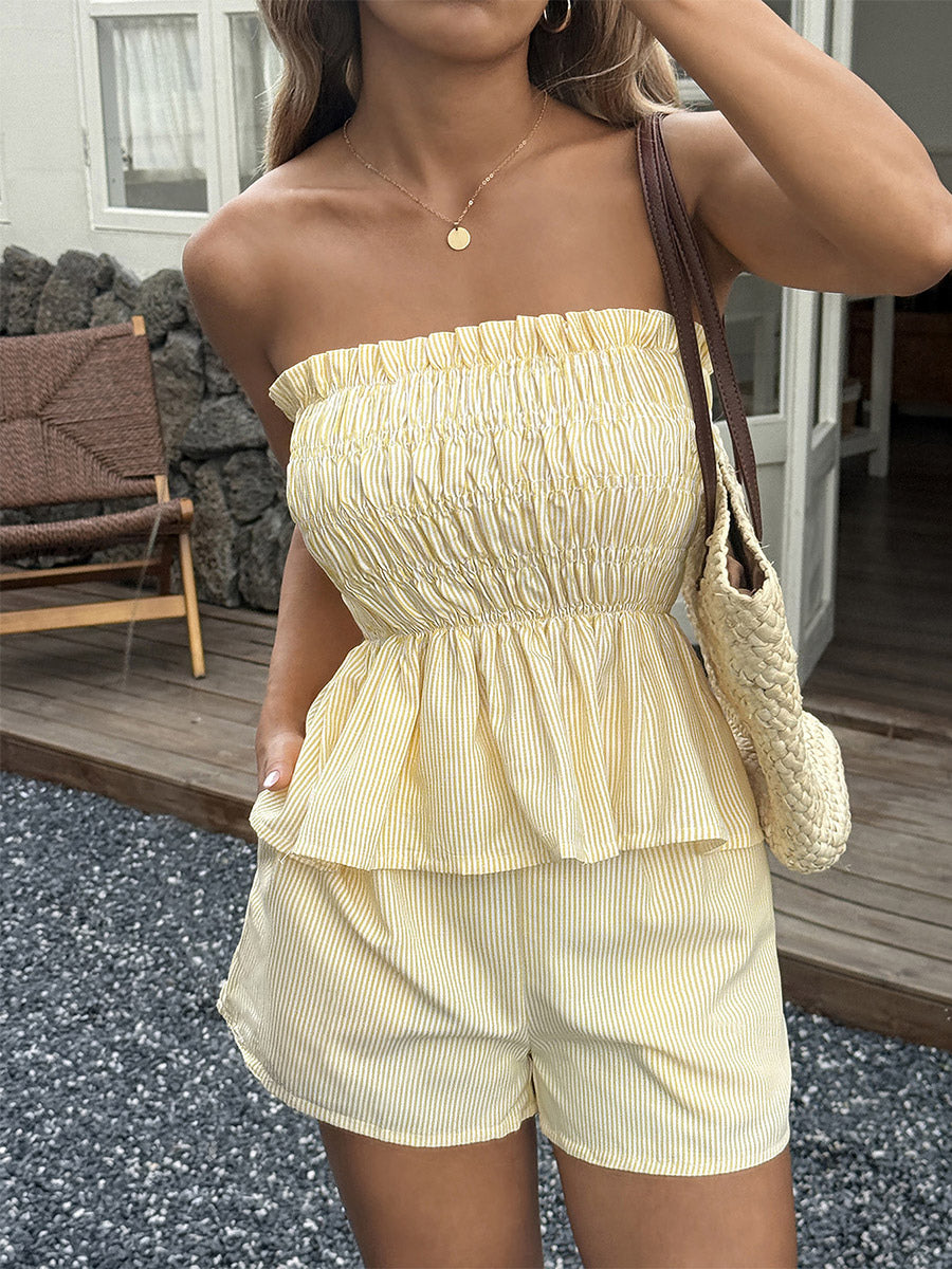 2-Piece Sets Pant Set Yellow Daily Casual Pleated Clothes Strapless Sleeveless Casual Summer Sets