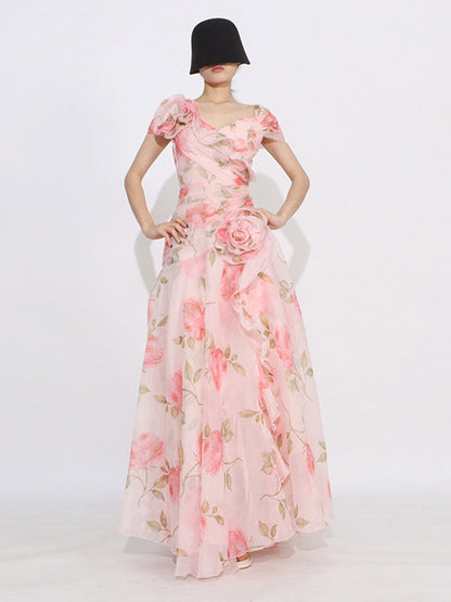 Flattering Pink Rose Patterned Maxi Gown With Asymmetrical Hem