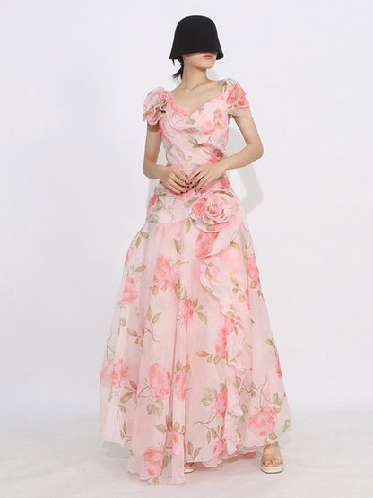 Flattering Pink Rose Patterned Maxi Gown With Asymmetrical Hem