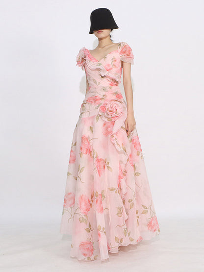 Flattering Pink Rose Patterned Maxi Gown With Asymmetrical Hem