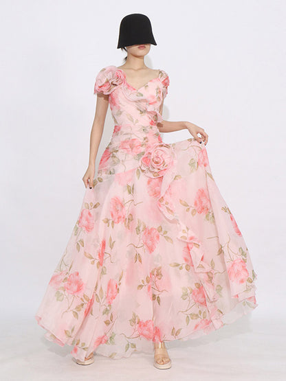 Flattering Pink Rose Patterned Maxi Gown With Asymmetrical Hem
