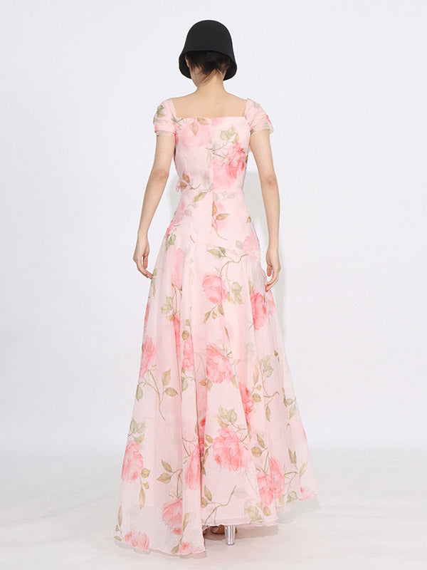 Flattering Pink Rose Patterned Maxi Gown With Asymmetrical Hem