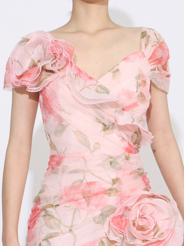 Flattering Pink Rose Patterned Maxi Gown With Asymmetrical Hem