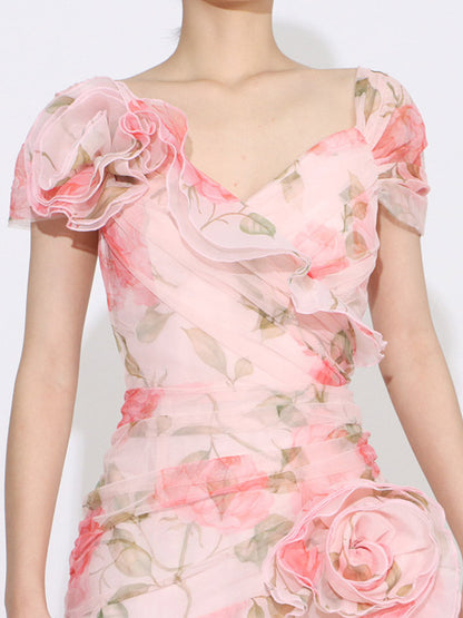 Flattering Pink Rose Patterned Maxi Gown With Asymmetrical Hem