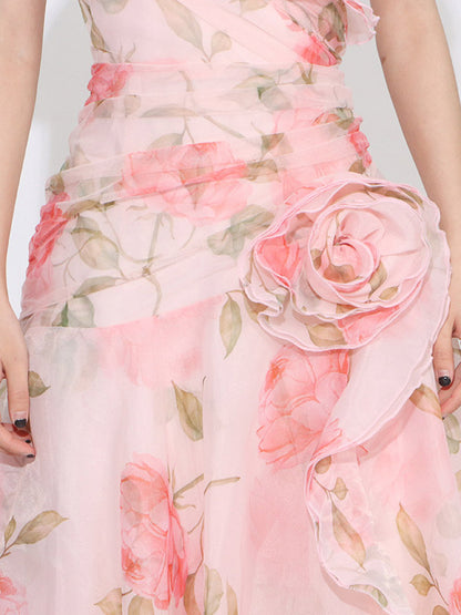 Flattering Pink Rose Patterned Maxi Gown With Asymmetrical Hem