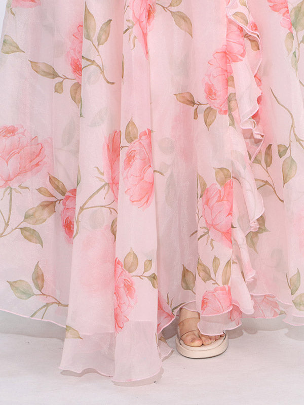 Flattering Pink Rose Patterned Maxi Gown With Asymmetrical Hem