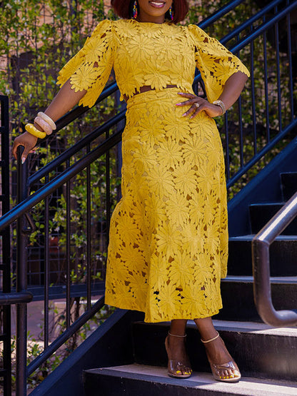 Romantic Yellow Cutout Flower Two Piece Gown For Parties