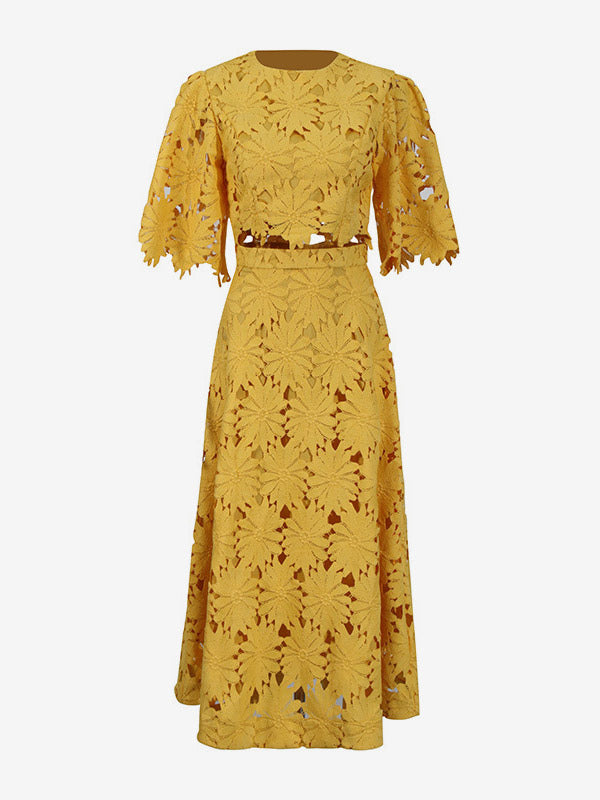 Romantic Yellow Cutout Flower Two Piece Gown For Parties