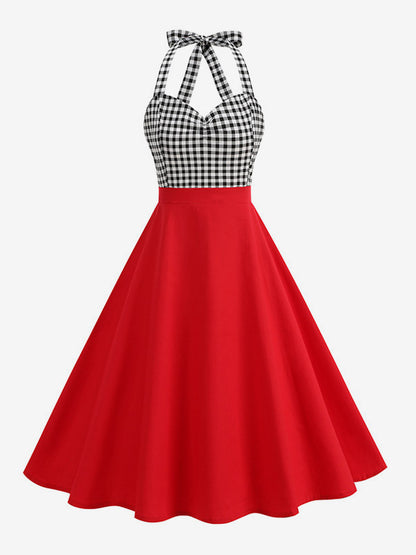 Vintage Chic Red Gingham Halter Maxi Dress