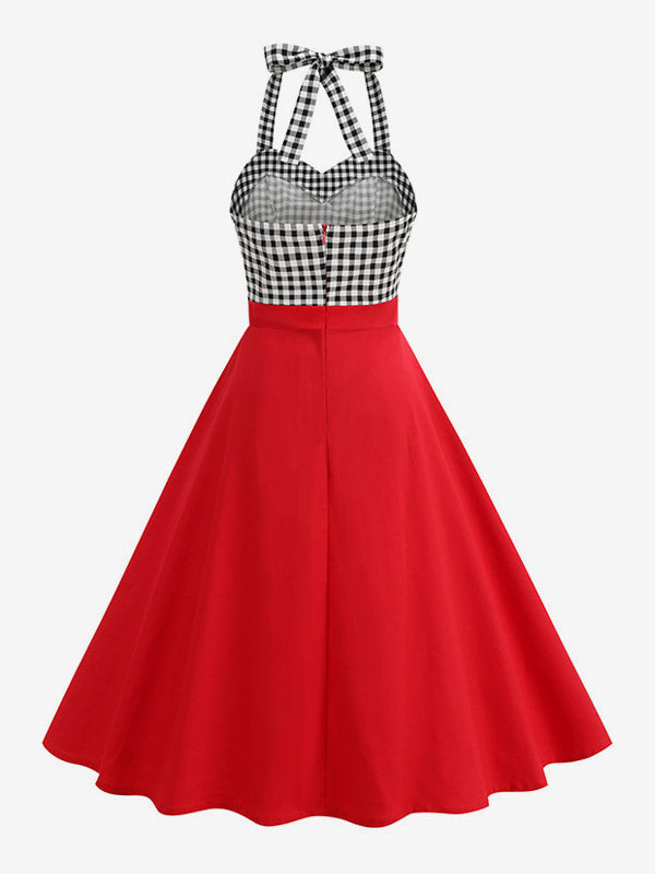 Vintage Chic Red Gingham Halter Maxi Dress