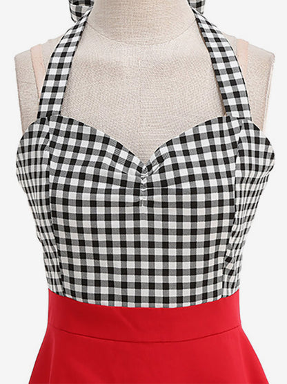 Vintage Chic Red Gingham Halter Maxi Dress