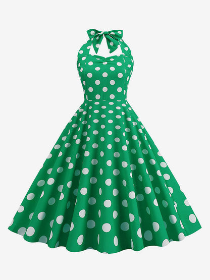 Vintage Chic Pink Polka Dot Halter Midi Dress