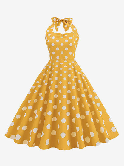 Vintage Chic Pink Polka Dot Halter Midi Dress