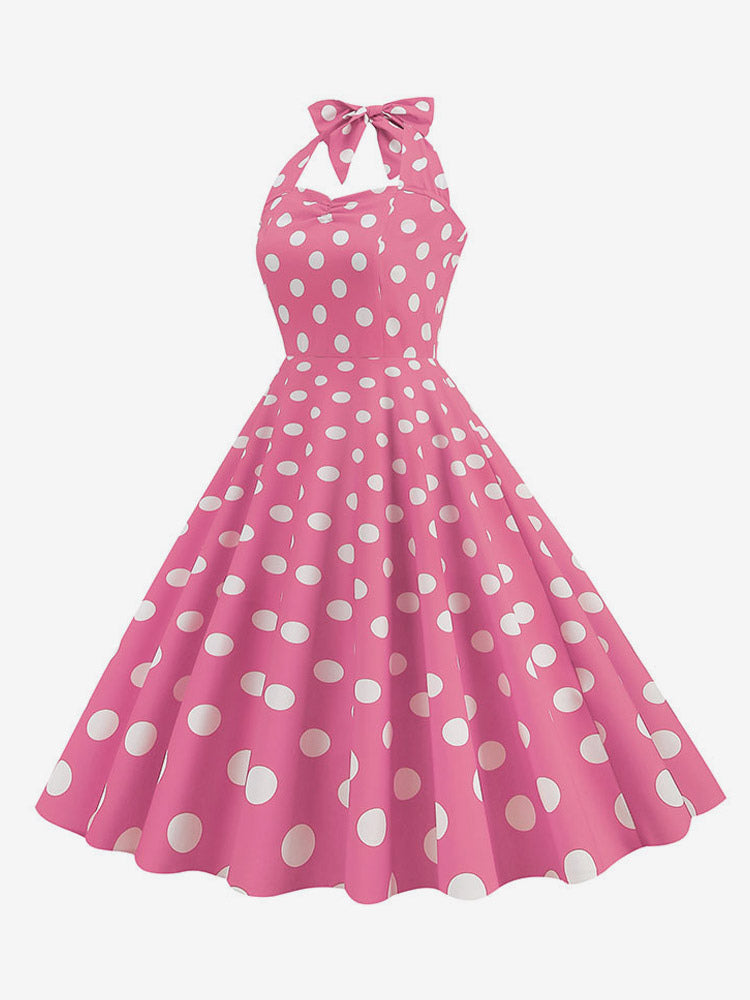 Vintage Chic Pink Polka Dot Halter Midi Dress