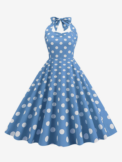 Vintage Chic Pink Polka Dot Halter Midi Dress