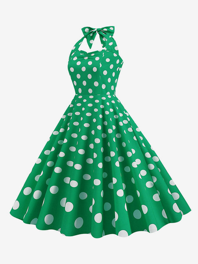 Vintage Chic Pink Polka Dot Halter Midi Dress