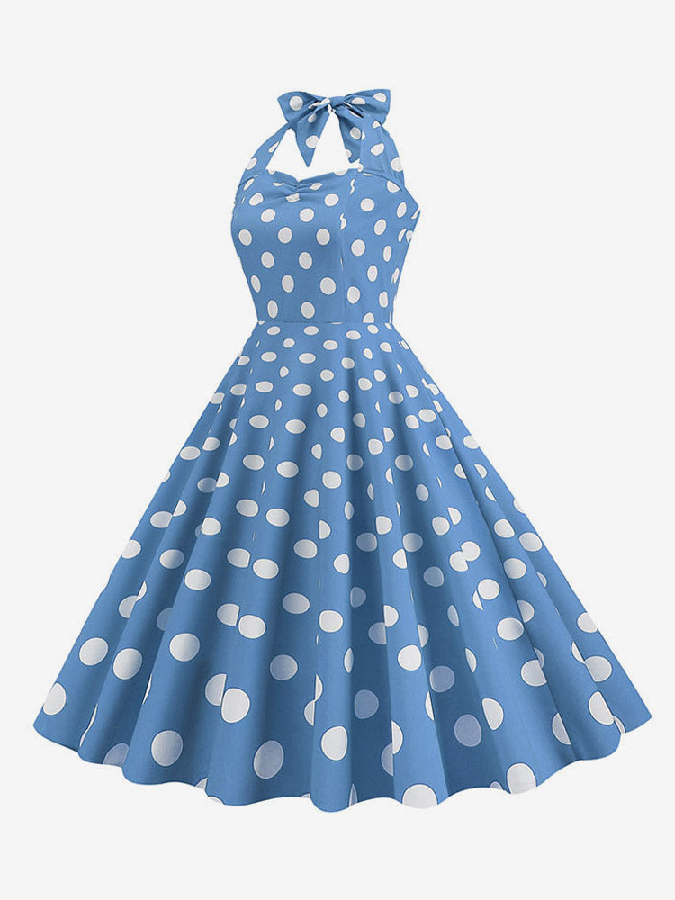 Vintage Chic Pink Polka Dot Halter Midi Dress
