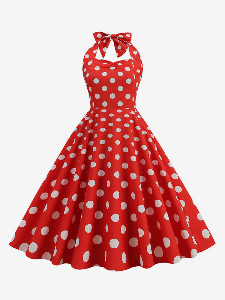 Vintage Chic Pink Polka Dot Halter Midi Dress